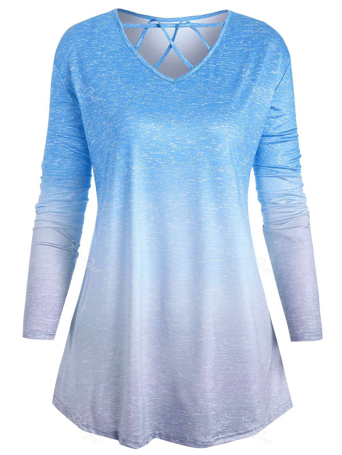 

V Neck Ombre Lattice Plus Size Top, Deep sky blue