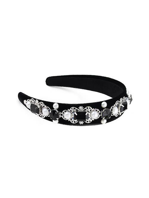 

Baroque Rhinestone Geometric Faux Pearl Velour Hairband, Black