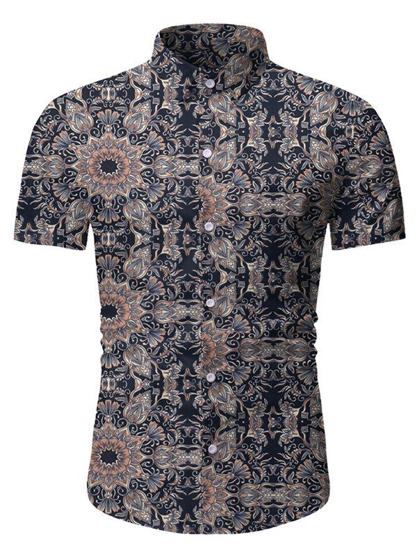 

Floral Design Button Short Sleeves Shirt, Coffee