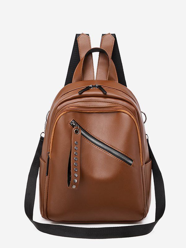 

PU Double Zipper Backpack, Brown