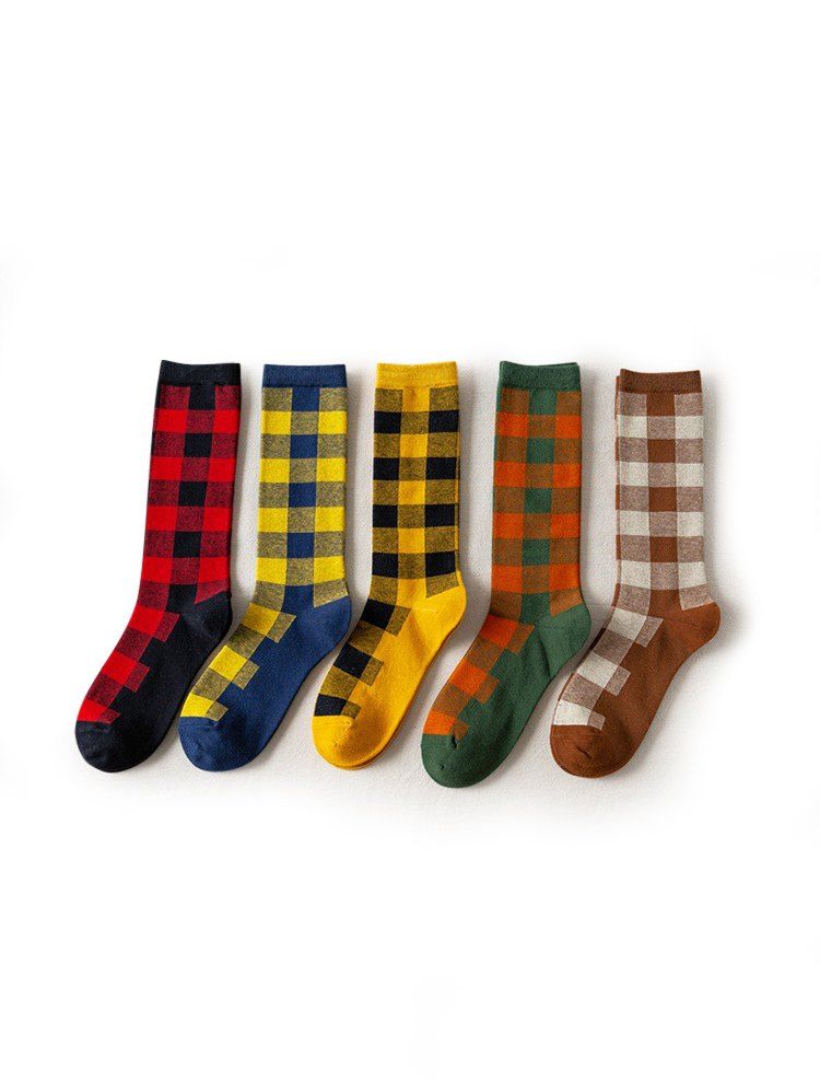 

5 Pairs Winter Plaid Colorblock Cotton Socks Set, Multi-a