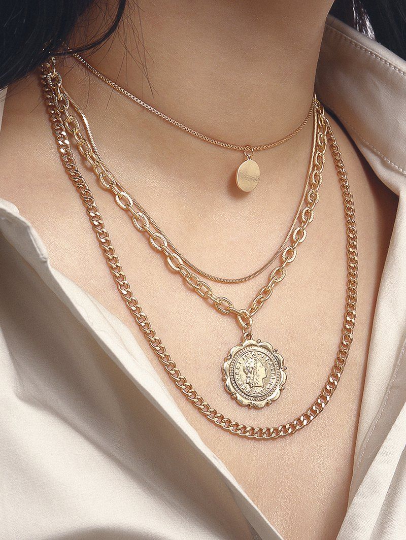 

Round Pendant Portrait Multilayered Necklace, Gold