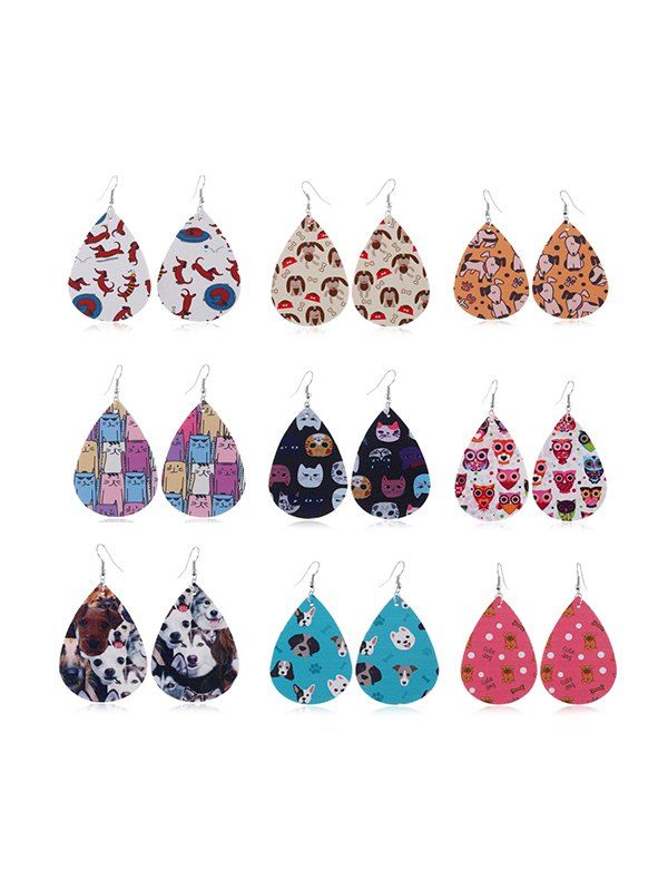 

9 Pairs Animal Print Leather Drop Earrings Set, Multi