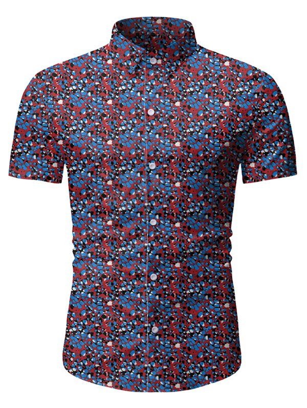 

Vintage Printed Short Sleeves Button Shirt, Red wine