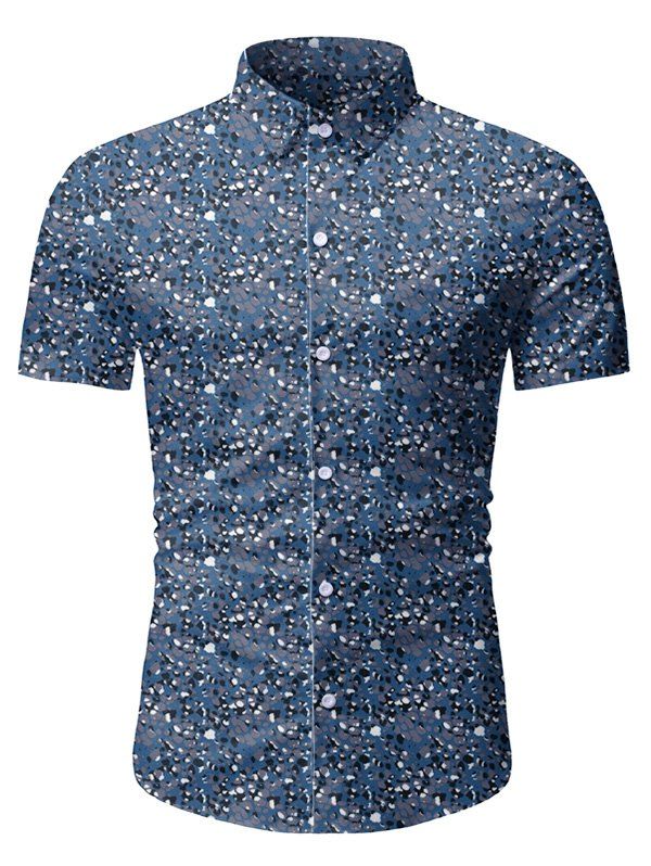 

Vintage Printed Short Sleeves Button Shirt, Lapis blue