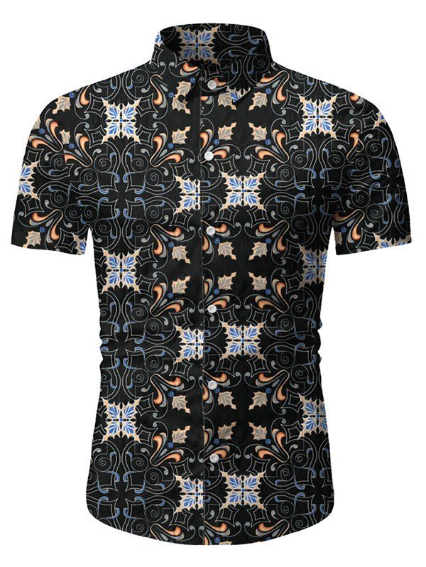 

Vintage Print Button Short Sleeves Shirt, Black