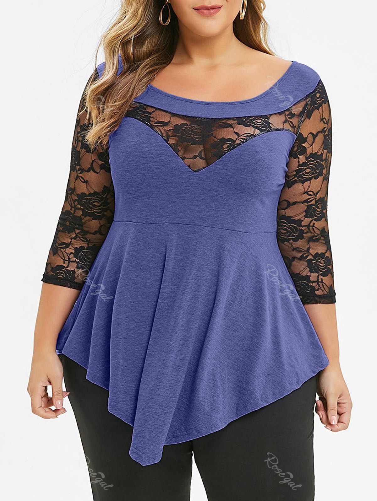 

Plus Size Floral Lace Panel Asymmetrical T-shirt, Slate blue