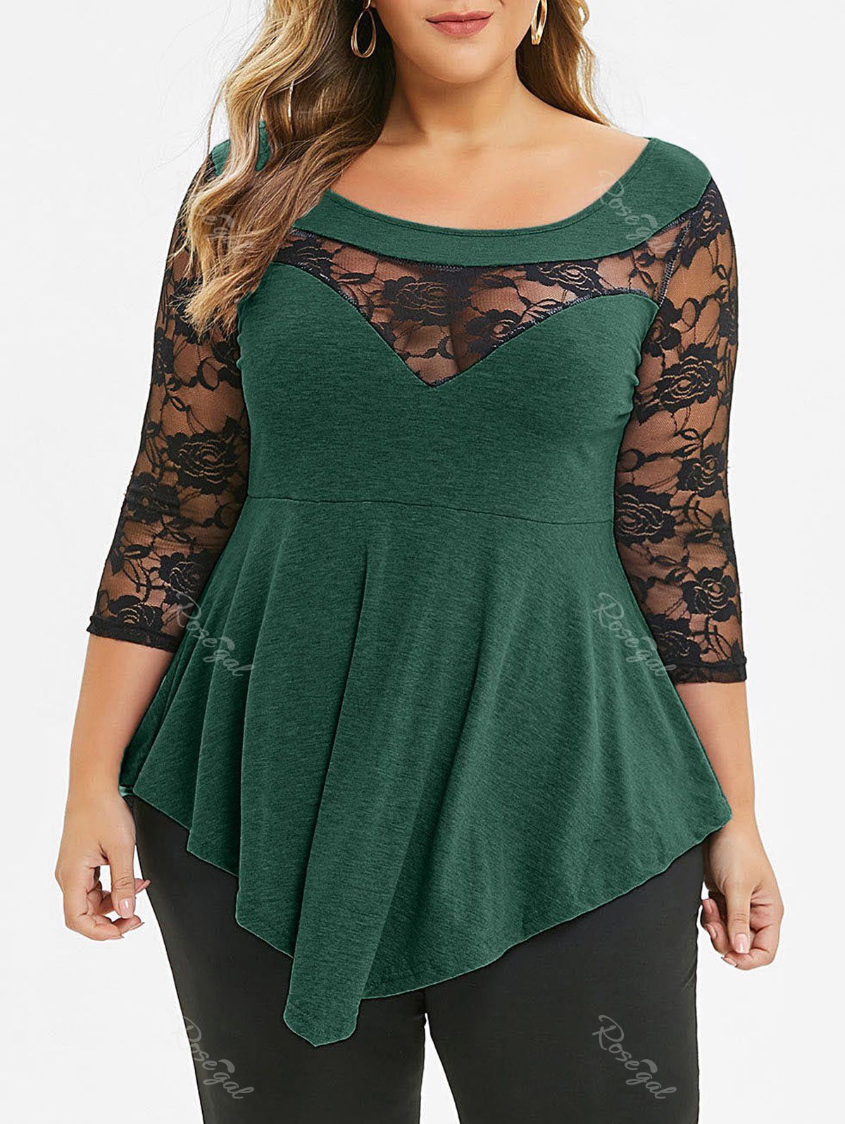 

Plus Size Floral Lace Panel Asymmetrical T-shirt, Medium sea green