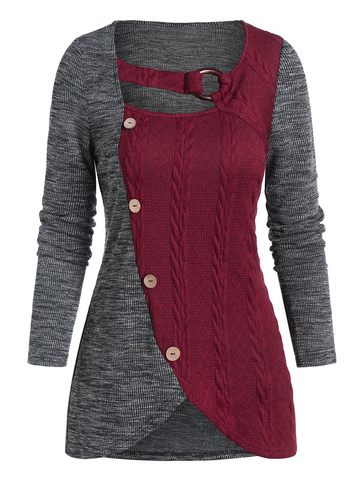 

Cable Knit Mock Button O-ring Ribbed Contrast Sweater, Red wine