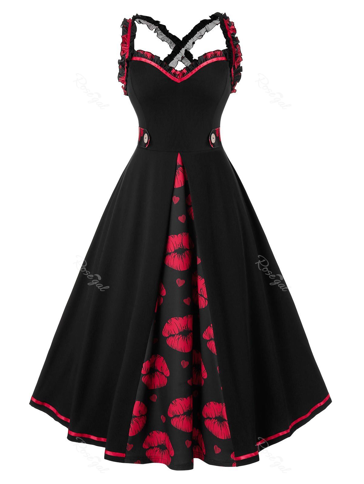 

Plus Size Vintage Lip Print Crisscross Flare Dres, Black