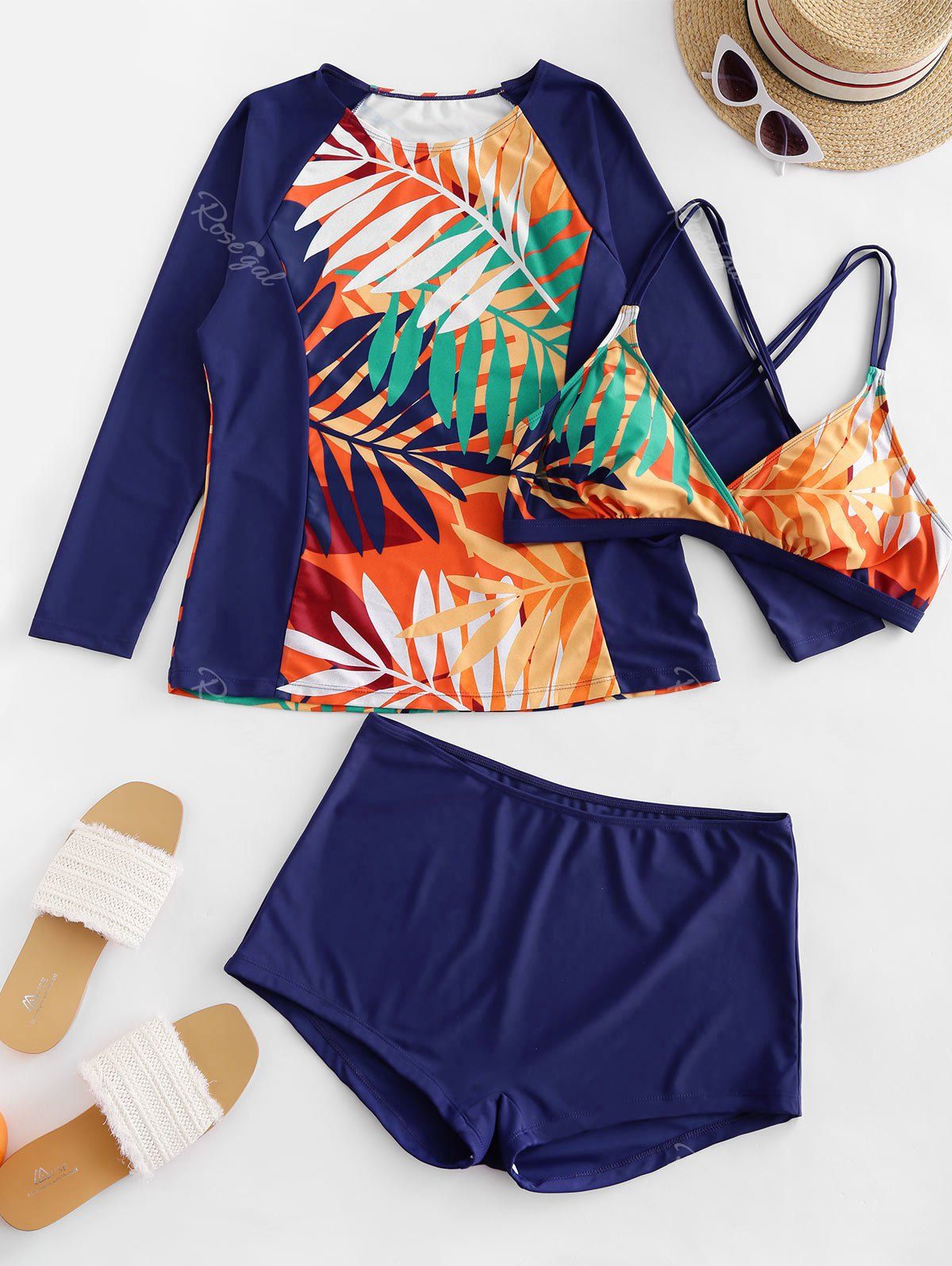 

Plus Size Leaf Print Crisscross Three Piece Swimsuit, Blue