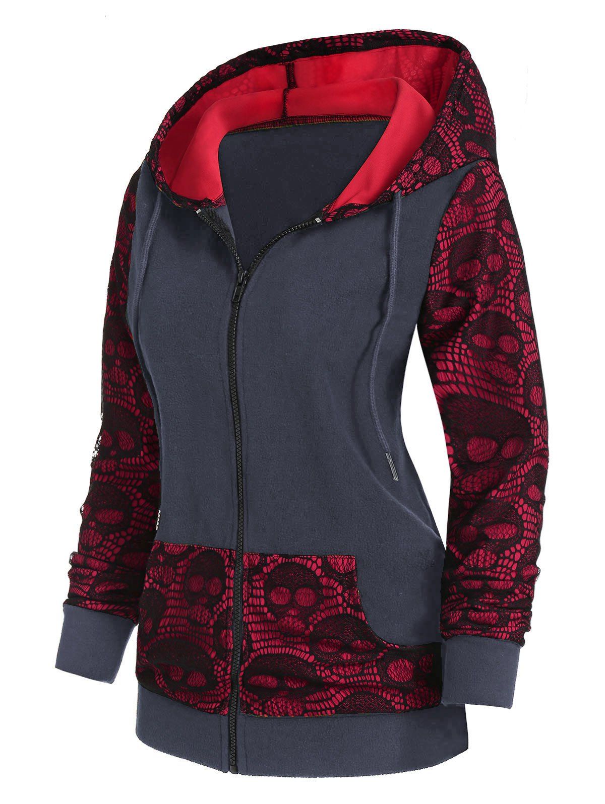 

Skull Graphic Lace Panel Zip Up Hoodie, Smokey gray