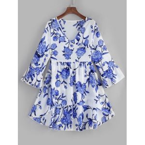 

Plus Size Flare Sleeves High Low Floral Blouse, White