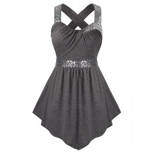 

Plus Size Sequins Crisscross Asymmetric Tank Top, Gray