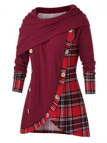 

Plus Size Cowl Neck Mock Button Plaid Sweater, Red wine