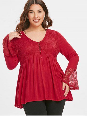

Plus Size Floral Lace Panel Ruffle Sleeve Top, Red wine