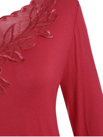 

Plus Size Lace Insert Flare Sleeve Asymmetrical T-shirt, Red