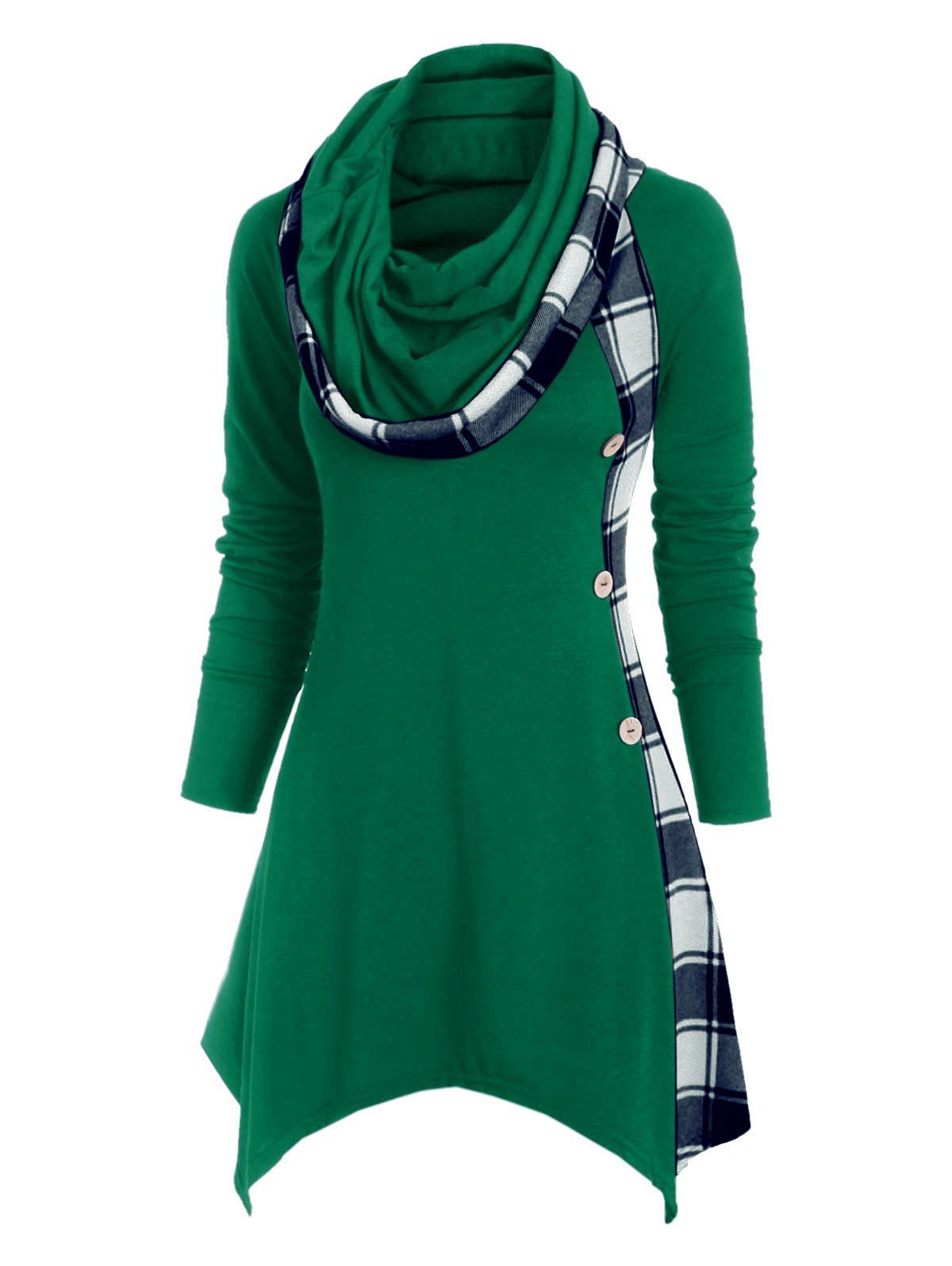 

Plaid Convertible Neck Button Embellished Asymmetrical T-shirt, Multi