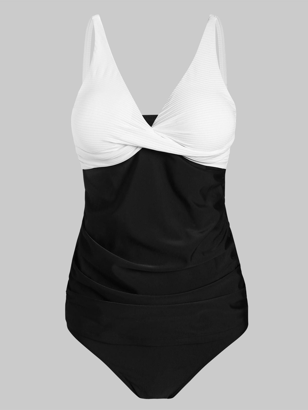 

Twist Ruched Two Tone Tankini Swimsuit, Black