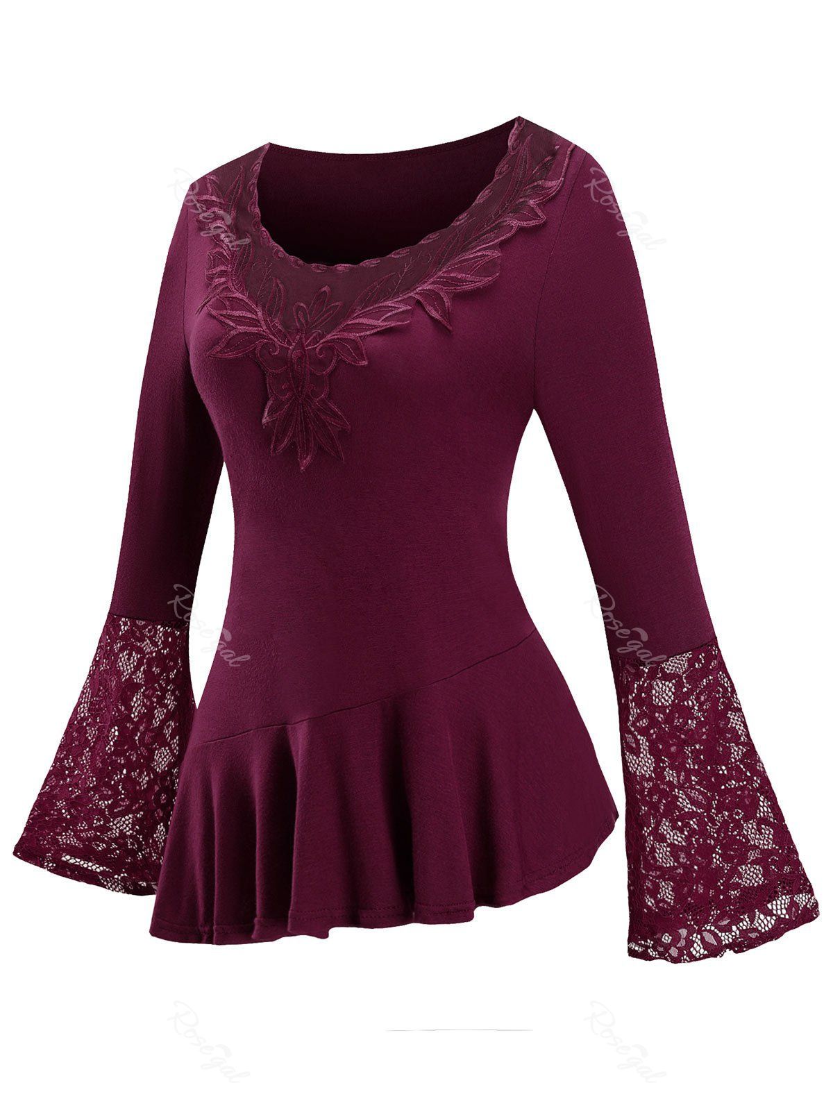 

Plus Size Lace Insert Flare Sleeve Asymmetrical T-shirt, Red wine