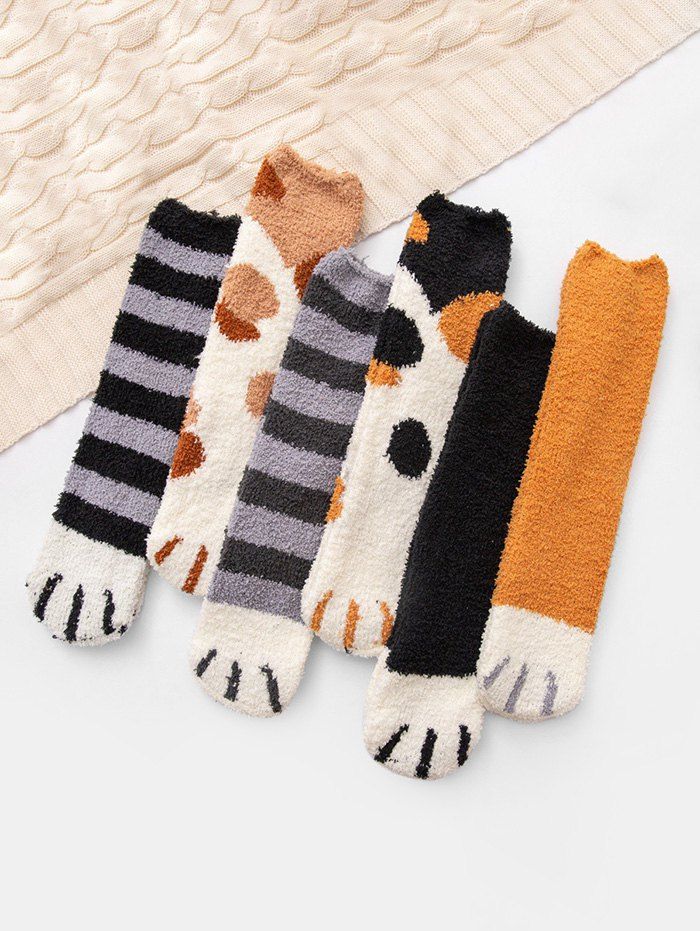 

6Pairs Winter Cartoon Cat Foot Fleece Socks Set, Multi-a