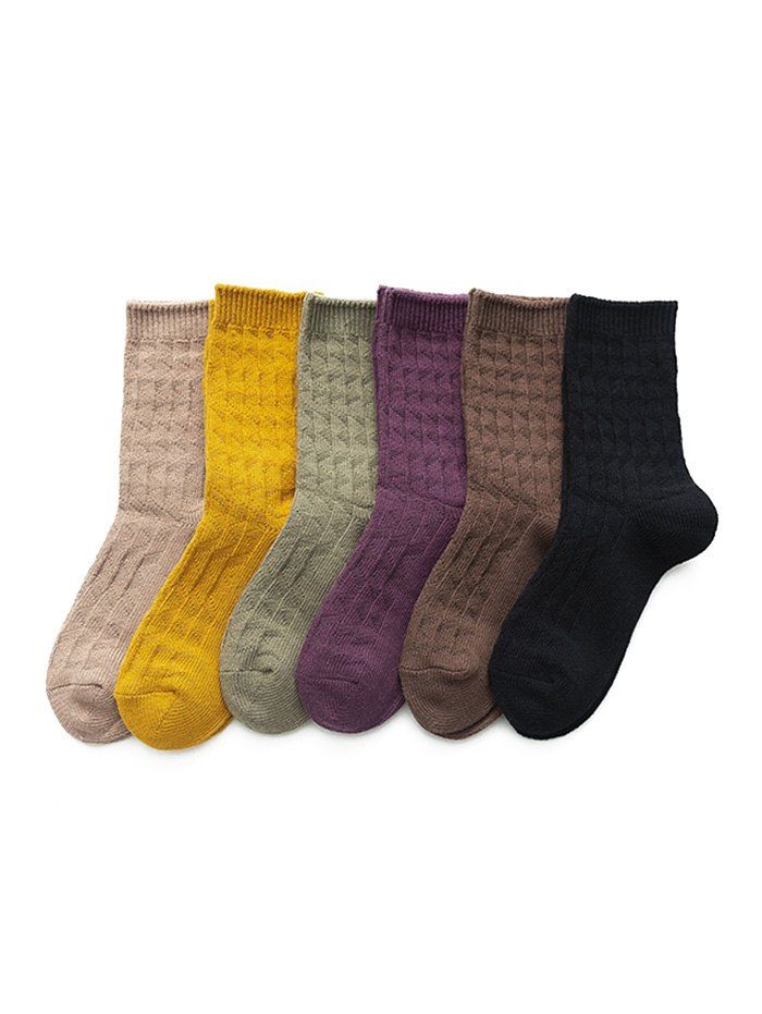 

6 Pairs Winter Solid Cotton Knitted Sock Set, Multi-a