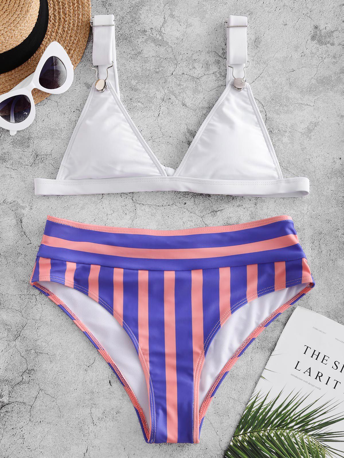 

Striped Snap Hook High Rise Bikini Swimsuit, White