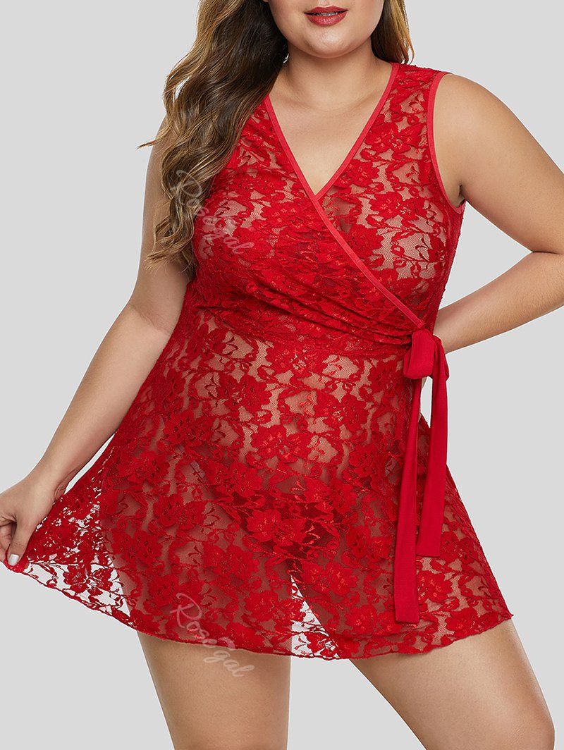 

T Back Tie Waist Lace Plus Size Lingerie Babydoll, Red