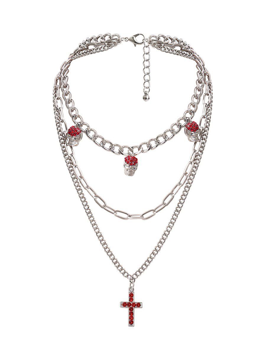 

Rhinestone Skull Cross Layered Necklace, Silver