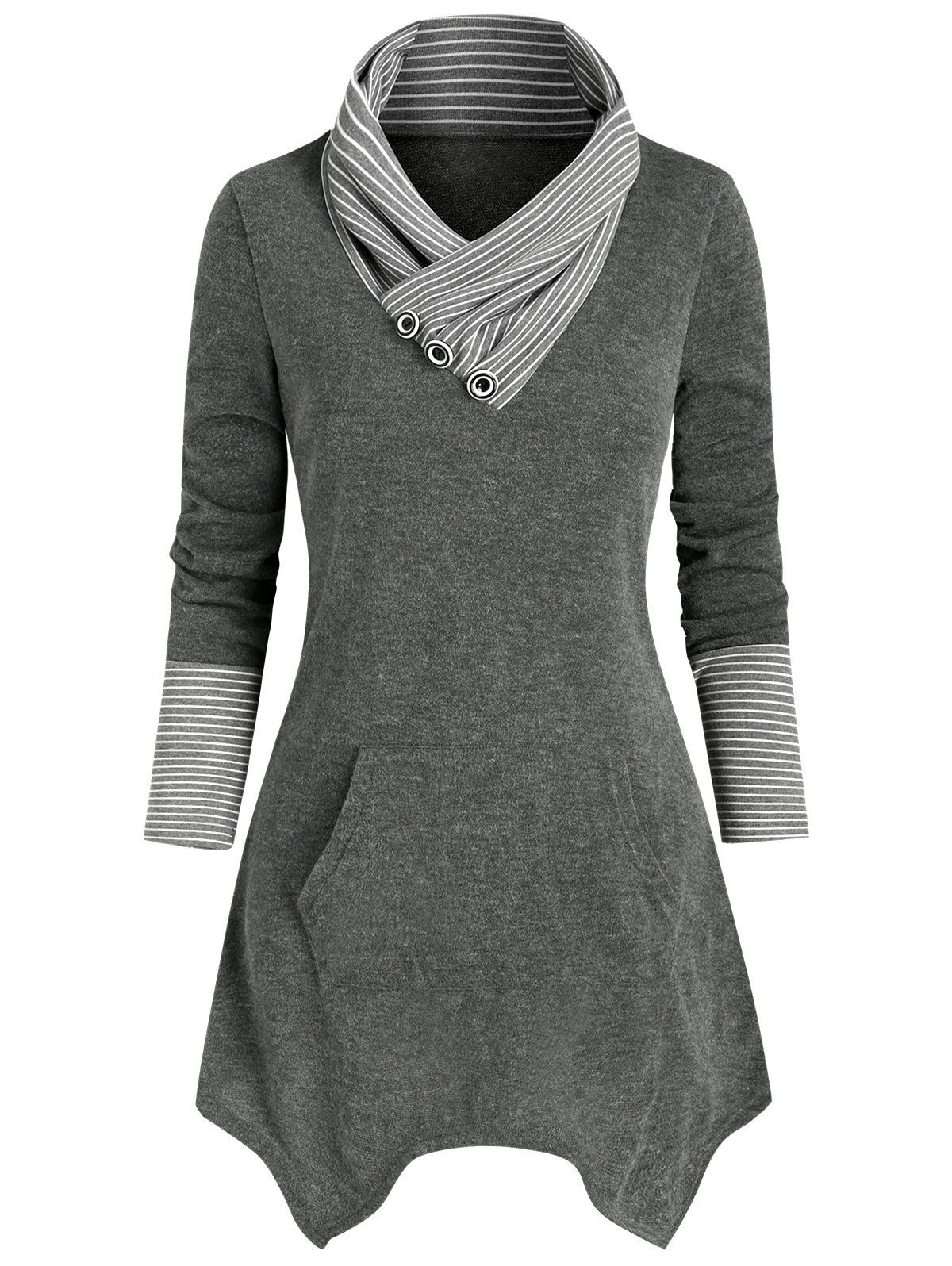

Striped Mock Button Asymmetrical Knitwear, Gray