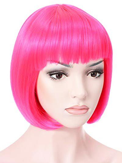 

Synthetic Short Full Bang Straight Bob Cosplay Wig, Deep pink