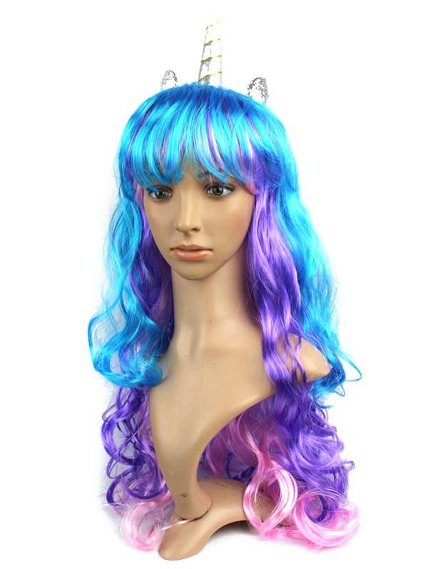 

Layered Body Wave Full Bang Long Synthetic Horn Cosplay Wig, Dodger blue