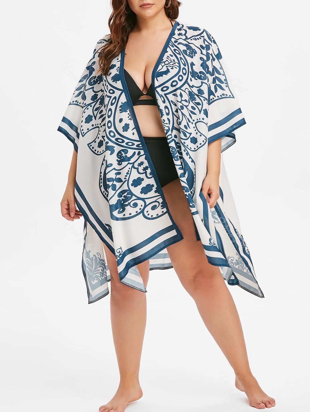 

Open Front Printed Slit Plus Size Blouse, White