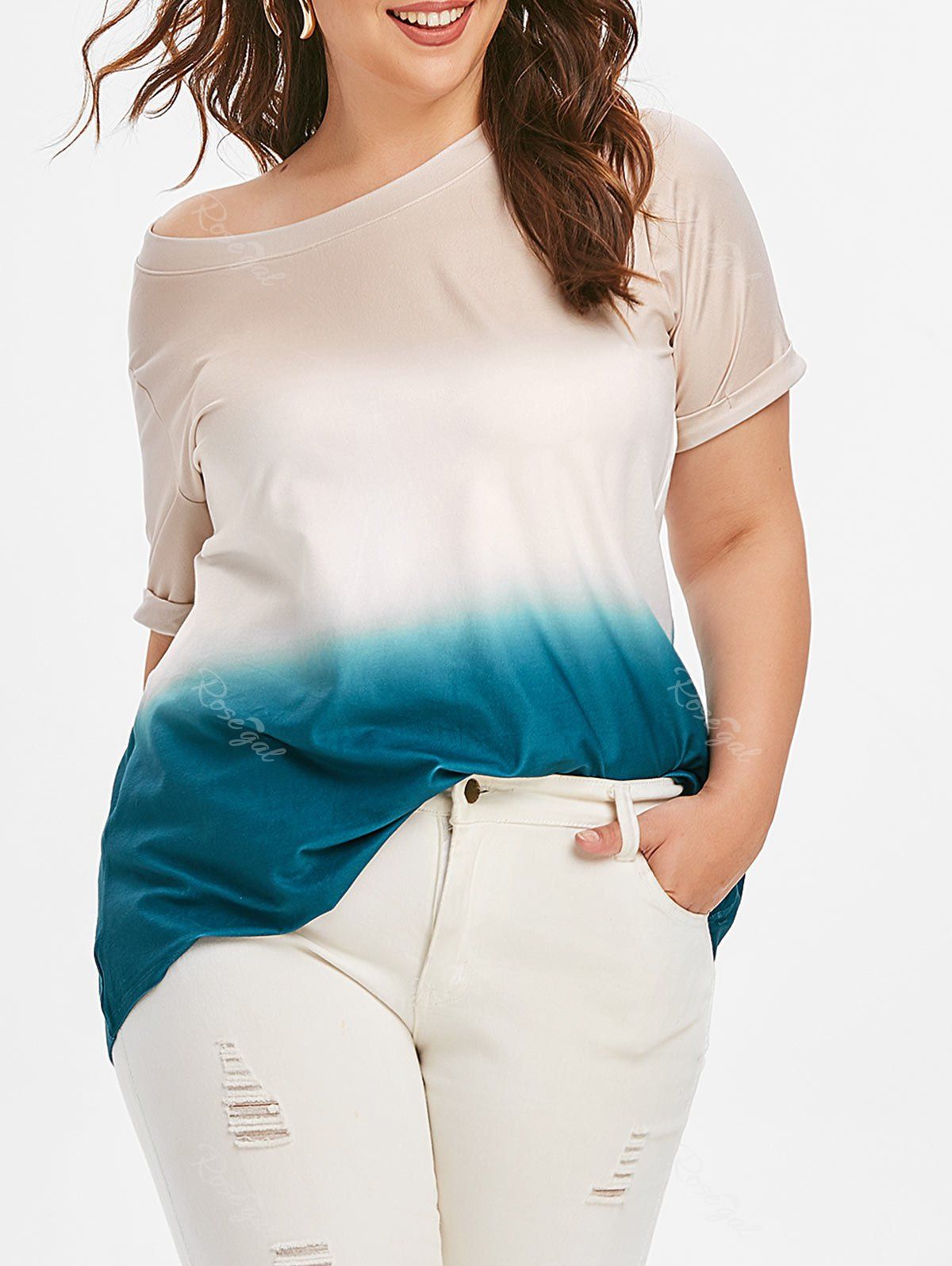 

Cuffed Sleeve Ombre Plus Size Tee, Blue
