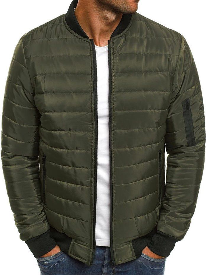 

Solid Color Zipper Pocket Quilted Jacket, Army green
