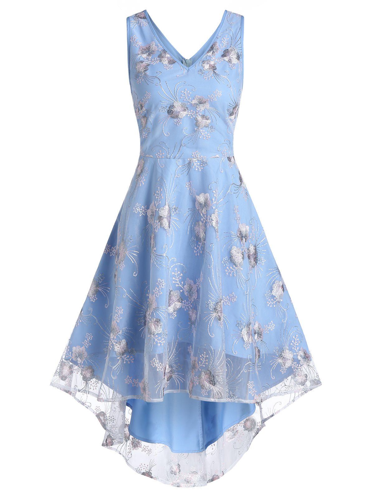 

V Neck Floral Lace High Low Dress, Crystal blue