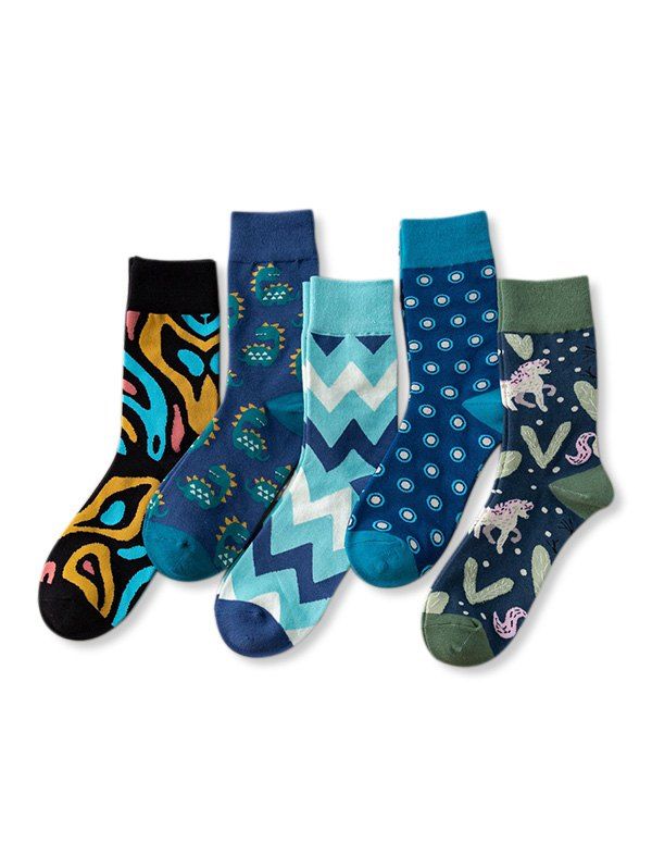 

5Pairs Printed Animal Geometric Cotton Socks Set, Multi-a