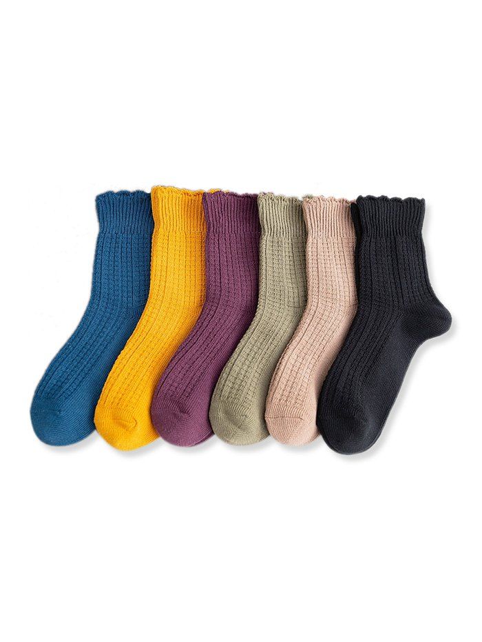 

6Pairs Winter Solid Cotton Ruffle Edge Socks Set, Multi-a