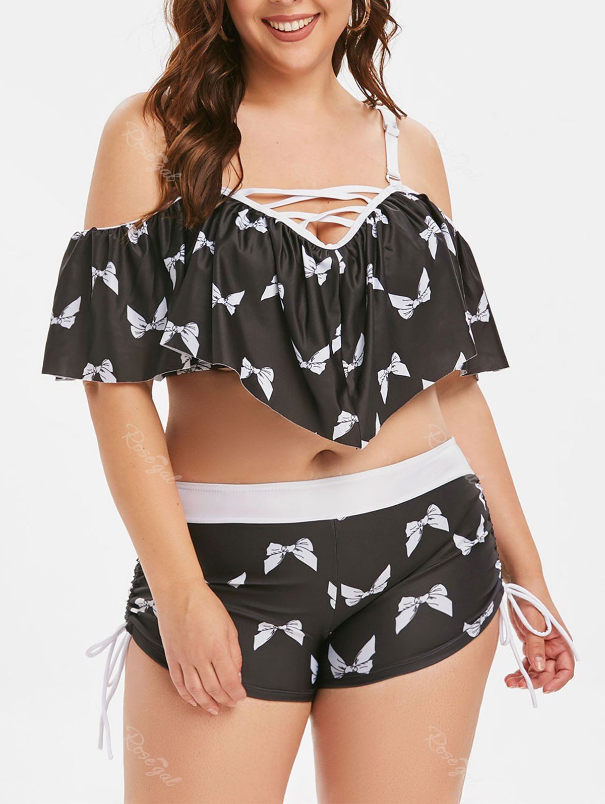 

Plus Size Ruffled Bowknot Print Cinched Two Piece Swimsuit, Black