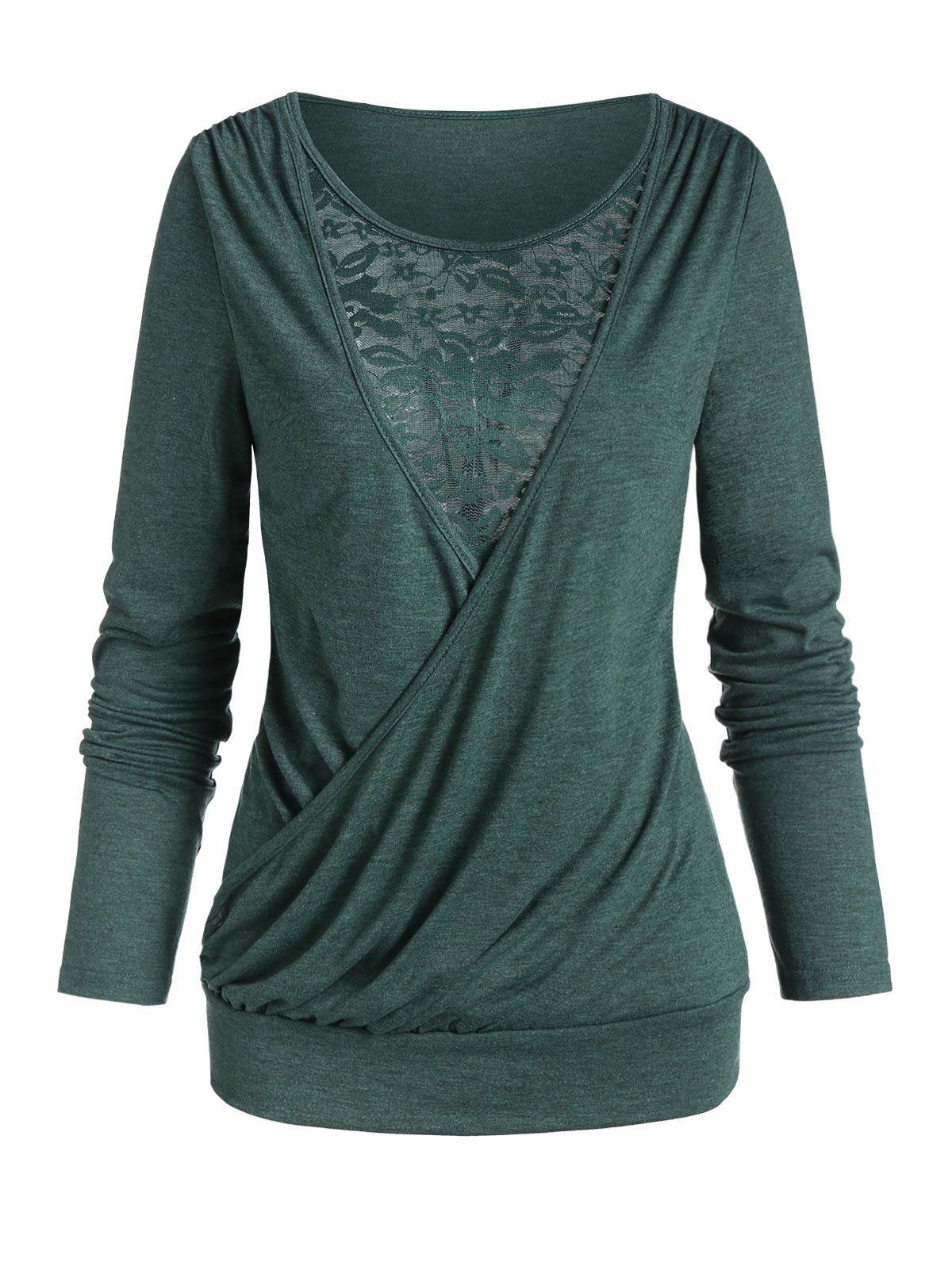 

Lace Panel Surplice Long Sleeve T Shirt, Sea green