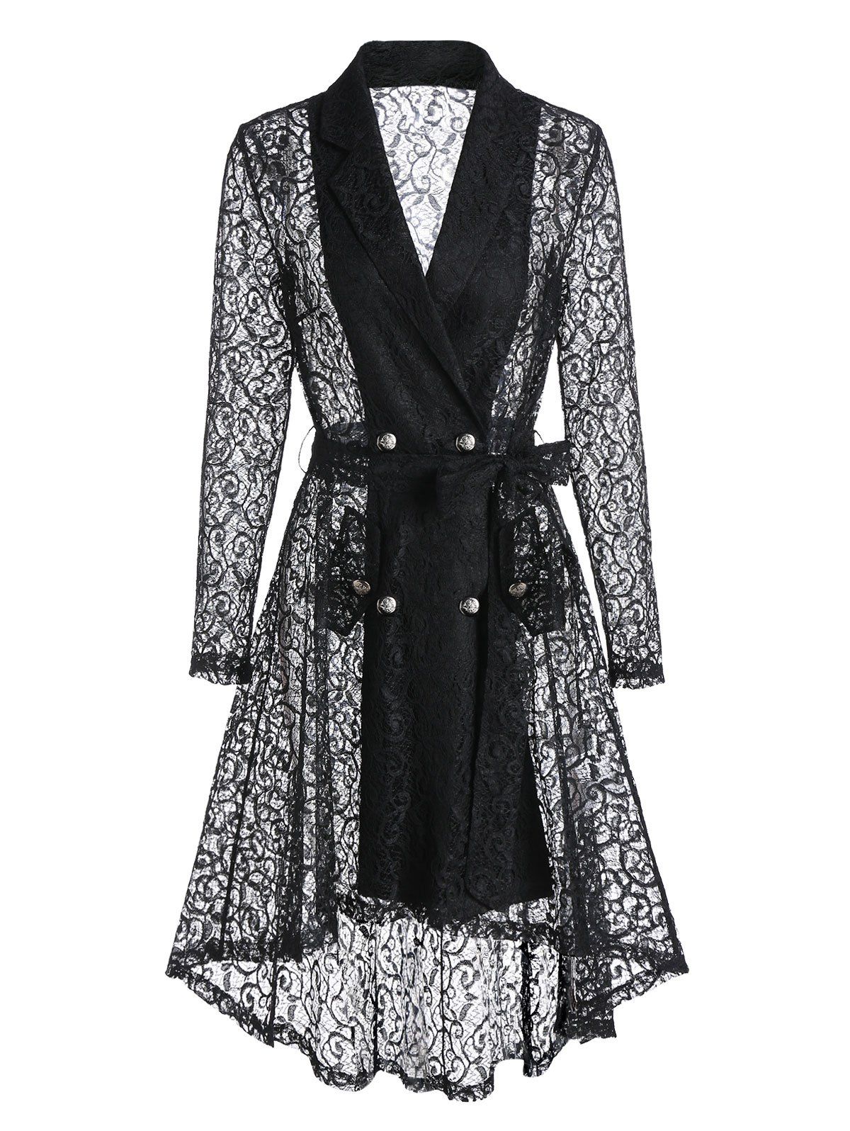 

Double Breasted High Low Sheer Lace Coat, Black