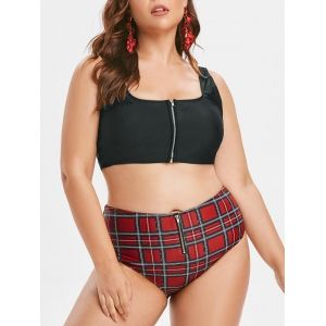 

Plus Size Plaid Zippered Tankini Swimwear, Black