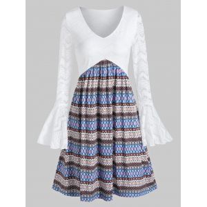 

Bell Sleeve Tribal Print Lace Dress, White