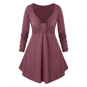 

Plus Size Buttoned A Line Long Sleeve Tunic Tee, White