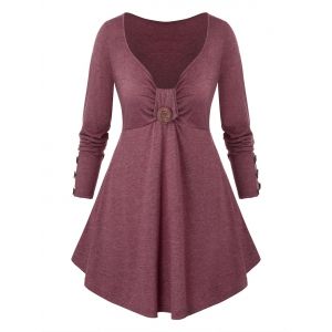 

Plus Size Buttoned A Line Long Sleeve Tunic Tee, Red wine