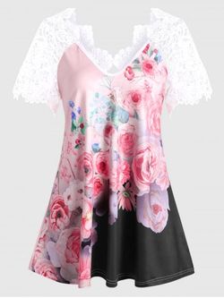 Plus Size Lace Panel Cutout Floral T Shirt - PINK - L