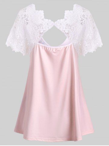 

Plus Size Lace Panel Cutout Floral T Shirt, Pink