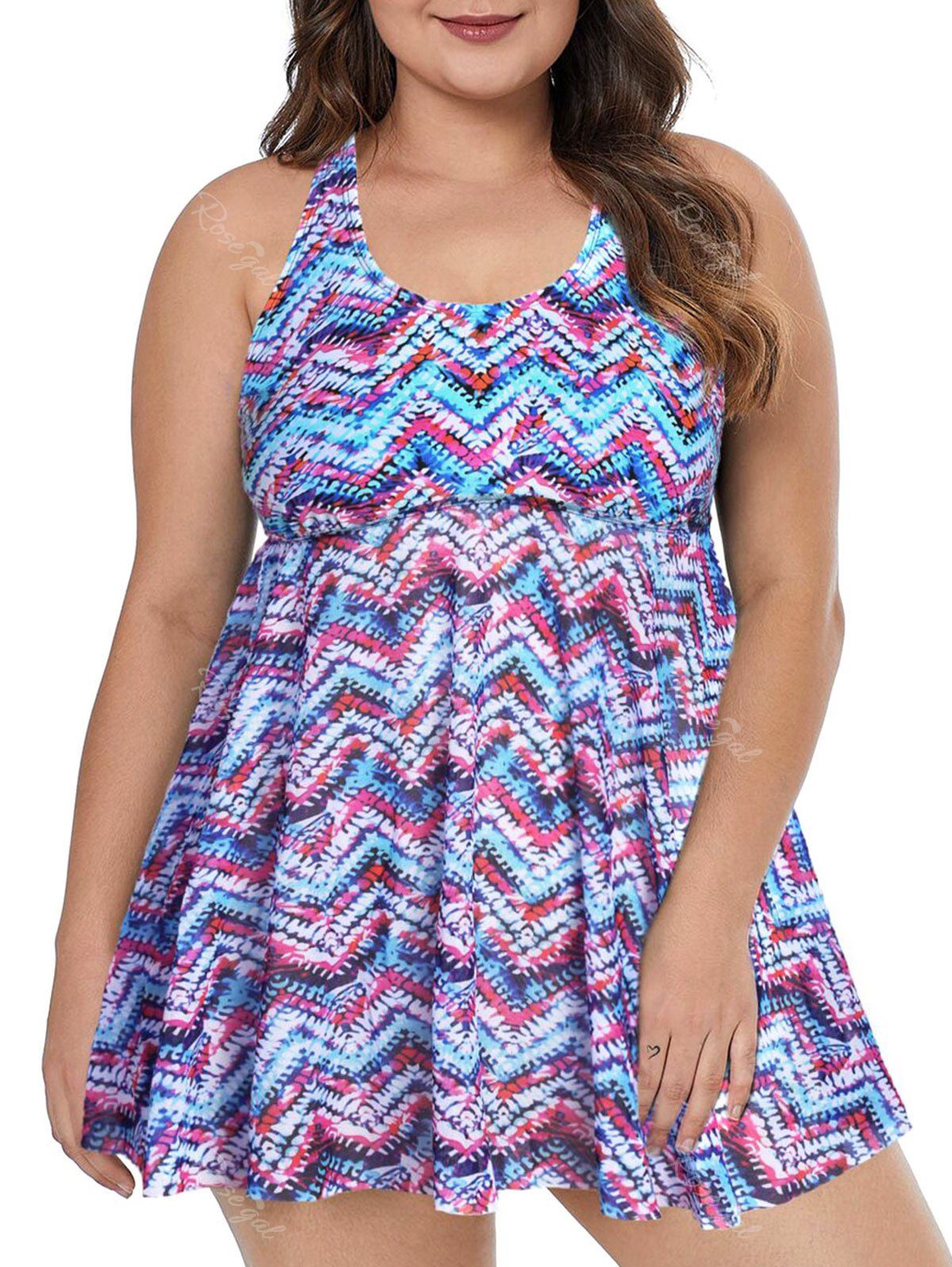 

Plus Size Crisscross Zigzag Mesh Tankini Top, Multi