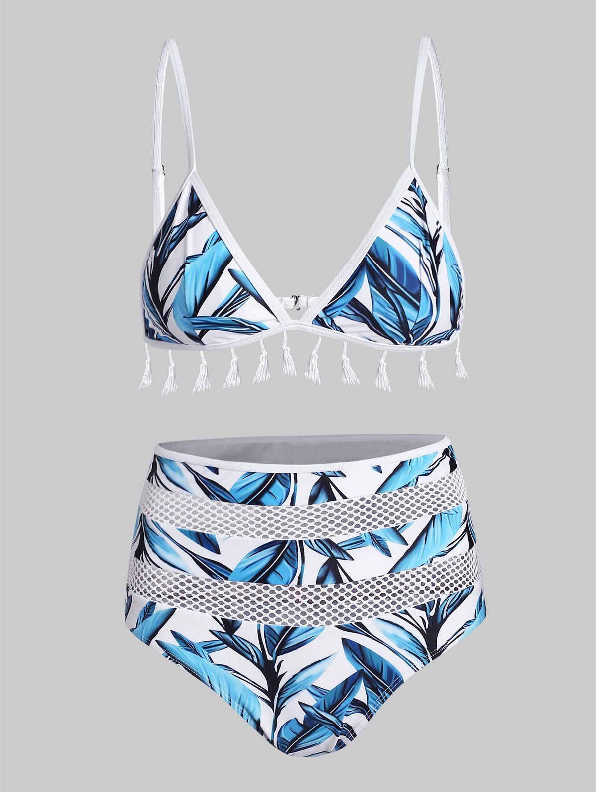 

Floral Leaf Fishnet Panel Tassels High Waisted Bikini Swimsuit, Multi-b
