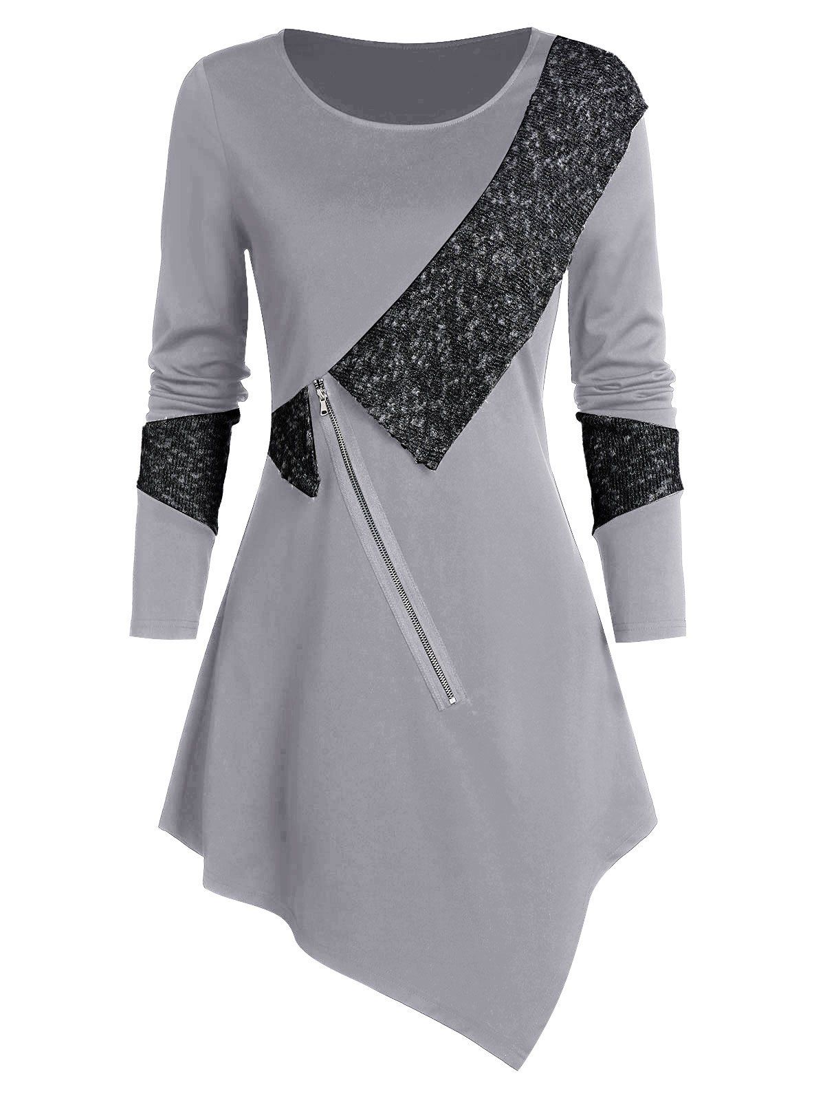 

Contrast Trim Front Zip Asymmetric Sweater, Gray cloud